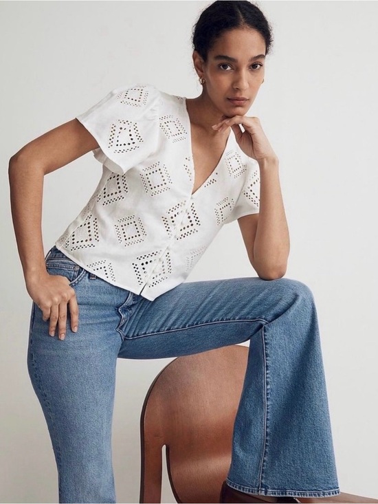 Madewell Tops - Madewell Eyelet Flutter-Sleeve Top White Linen Blend Button Front Blouse XL